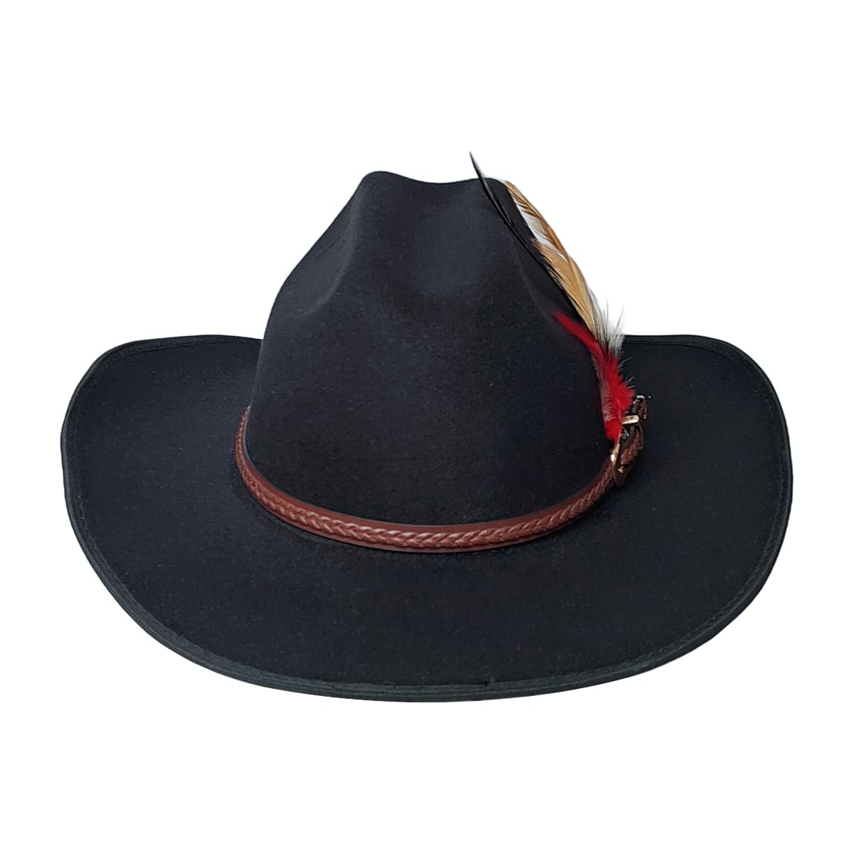 Wool Fedora Cowboy Hat for Men Women Wide Brim Western Hat with Feather and Belt Buckle Gift Box (Black,One Size)