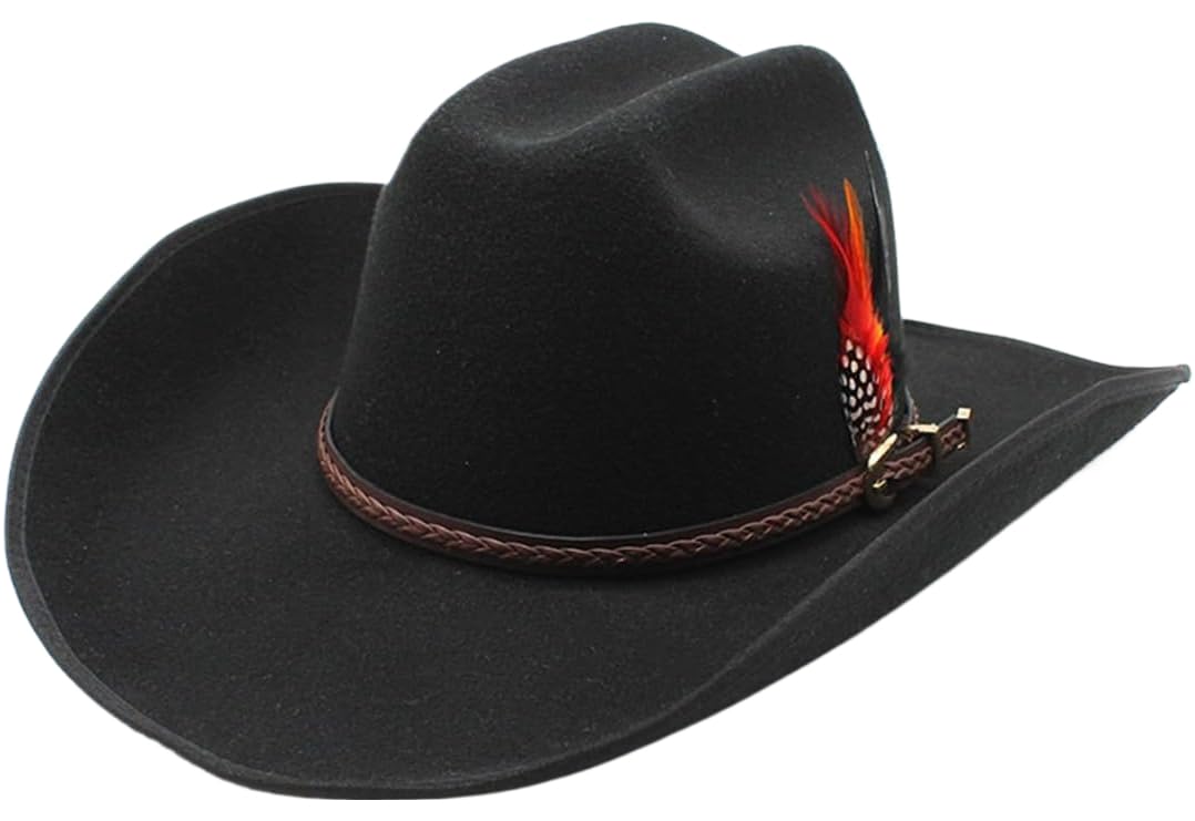 Wool Fedora Cowboy Hat for Men Women Wide Brim Western Hat with Feather and Belt Buckle Gift Box (Black,One Size)