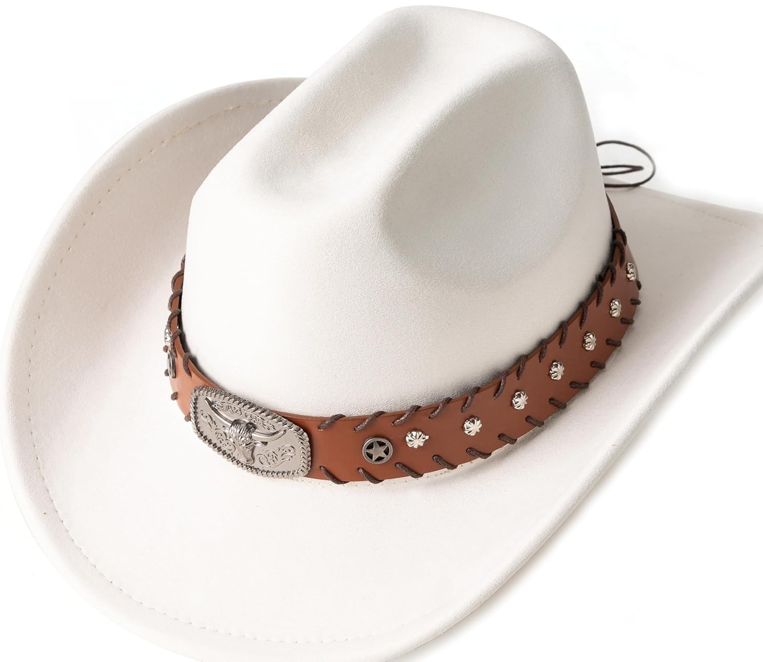 Glorixen Felt Cowboy Hat for Men Women Wide Brim Western Hat with Cow Belt Buckle Design Gifts for Men (Beige,One Size)
