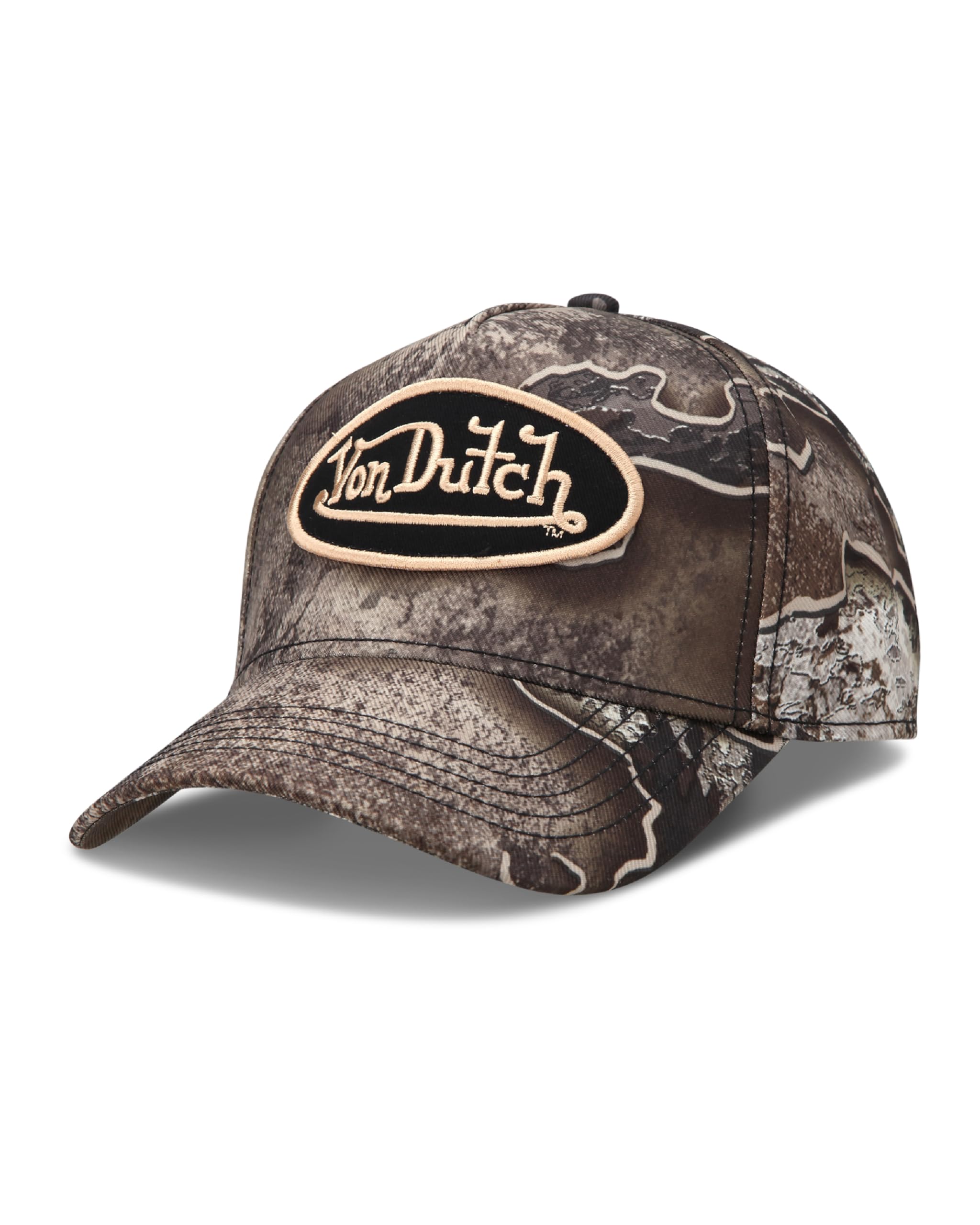 Von Dutch Men & Women’s Baseball Cap - Adjustable Snapback Canvas Hat with Curved Brim Structured Logo Patch Vintage Style, Size One Size, Camo Brown Logo
