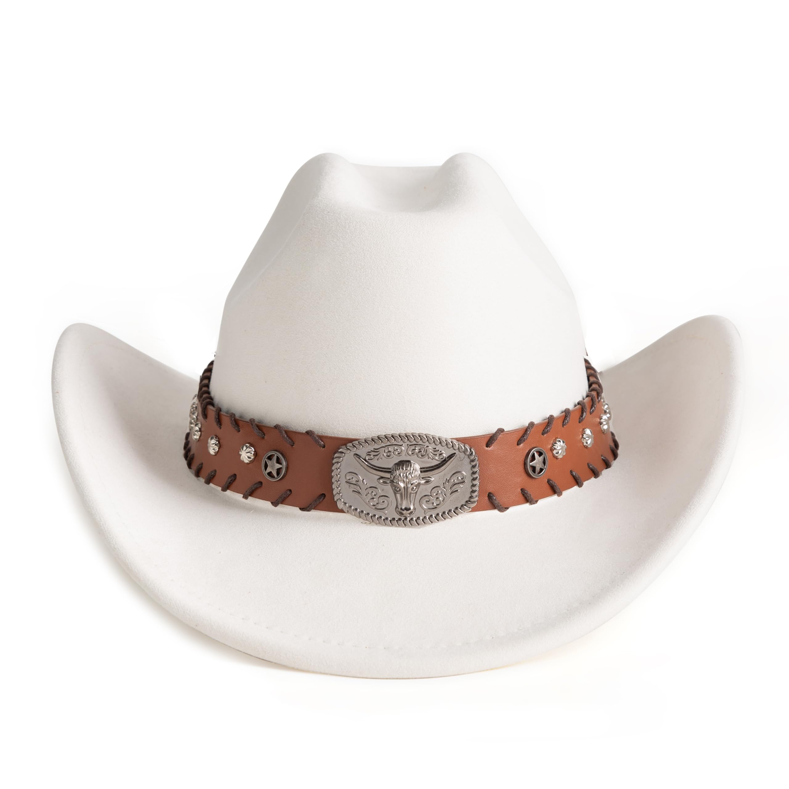 Glorixen Felt Cowboy Hat for Men Women Wide Brim Western Hat with Cow Belt Buckle Design Gifts for Men (Beige,One Size)