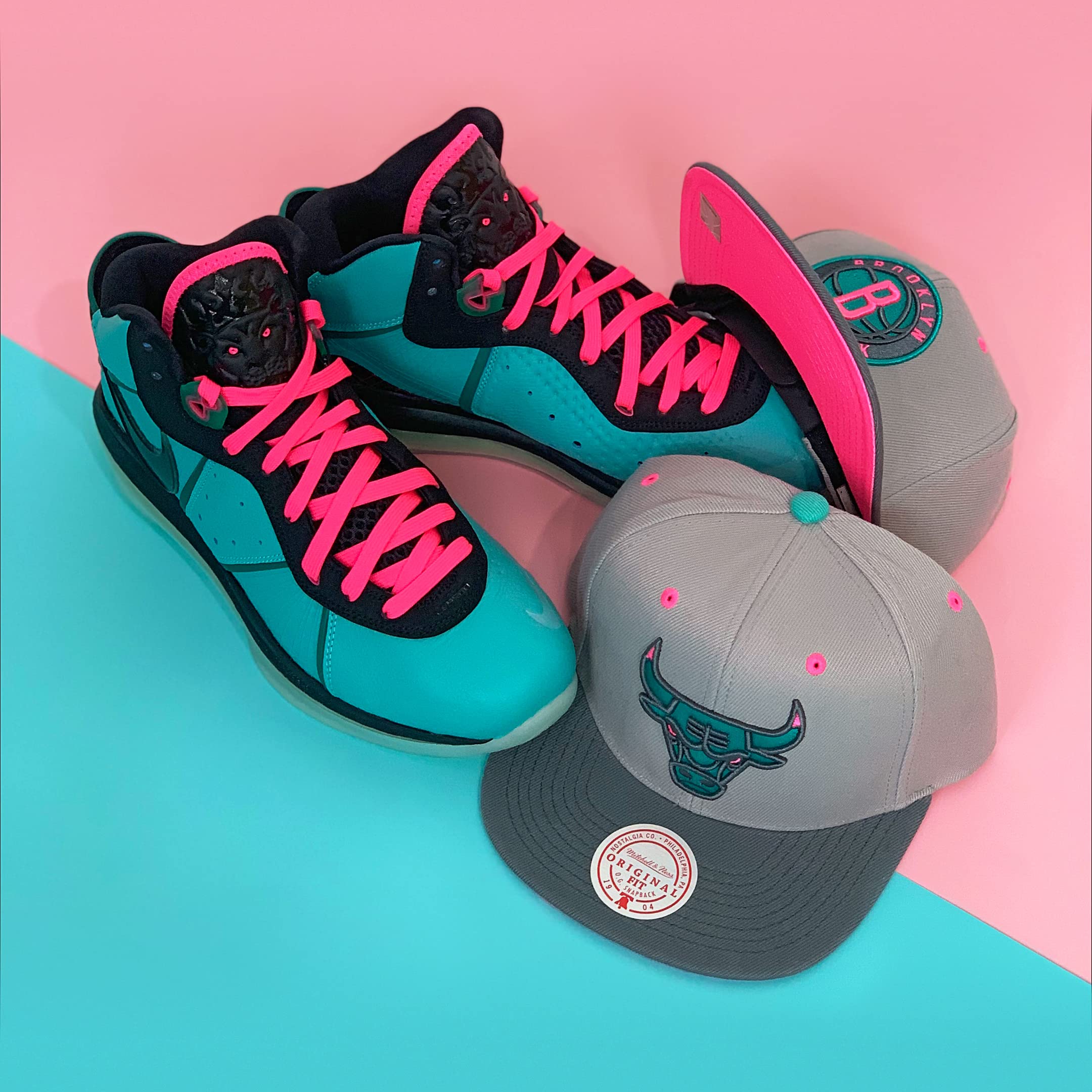 Mitchell & Ness Snapback Hat Adjustable Cap - Grey/Turquoise/Pink/South Beach