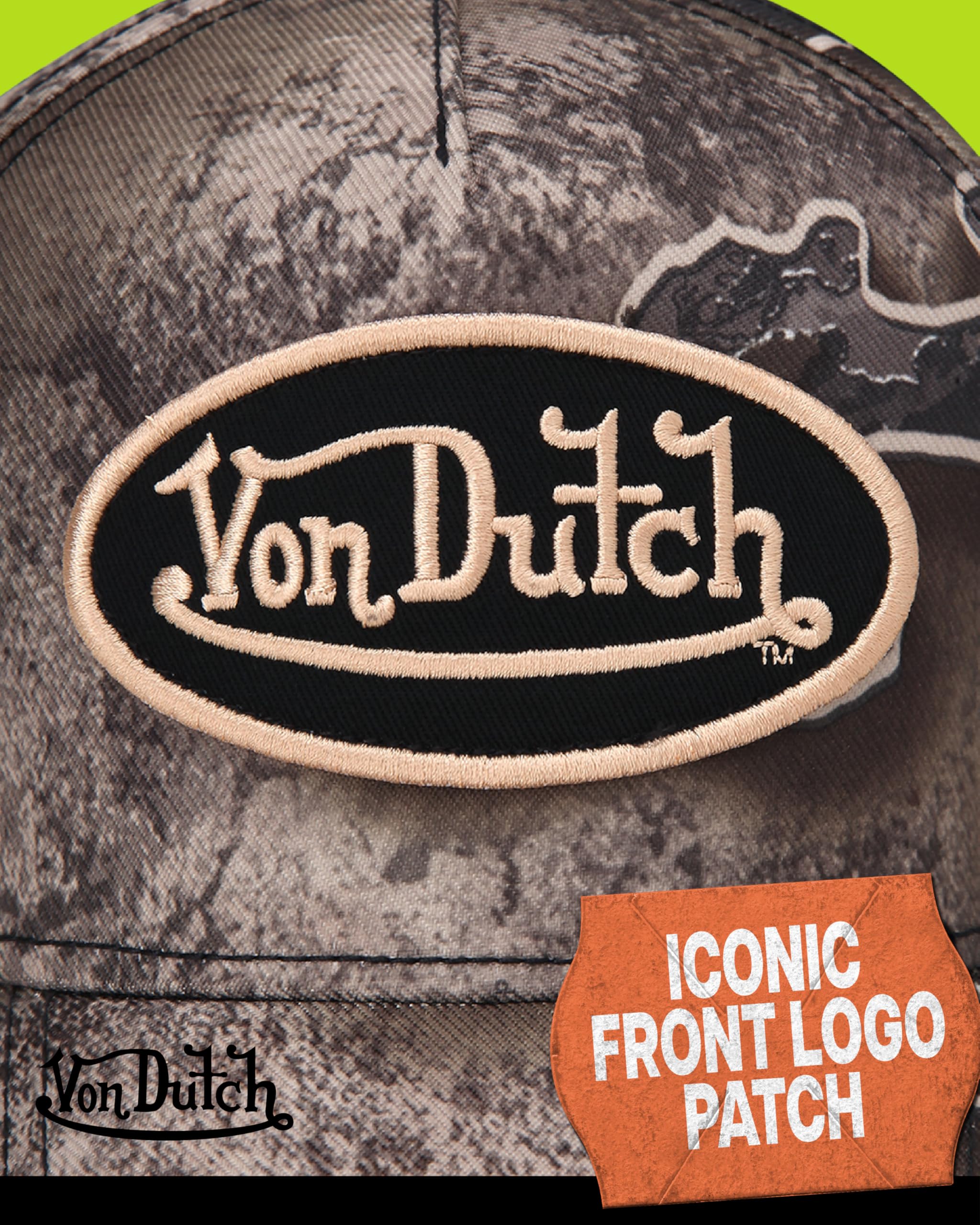Von Dutch Men & Women’s Baseball Cap - Adjustable Snapback Canvas Hat with Curved Brim Structured Logo Patch Vintage Style, Size One Size, Camo Brown Logo