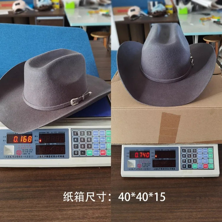 USPOP 100% Wool Felt Cowboy Hat with Belt Buckle 4 Sizes Wide Brim Jazz Hat Autumn Winter Fedoras - Caps Fitted