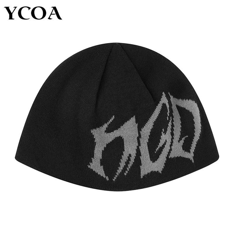 Women Beanie Korean Letter Jacquard Black Winter Warm Knit Vintage Y2k Hats Streetwear Wool Fashion Aesthetic Unisex Accessories