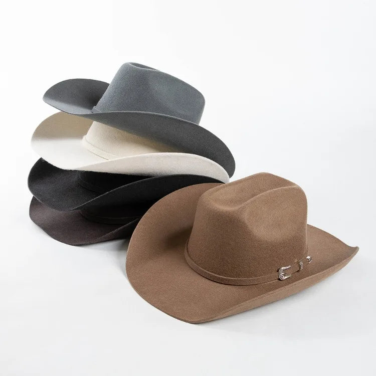 USPOP 100% Wool Felt Cowboy Hat with Belt Buckle 4 Sizes Wide Brim Jazz Hat Autumn Winter Fedoras - Caps Fitted