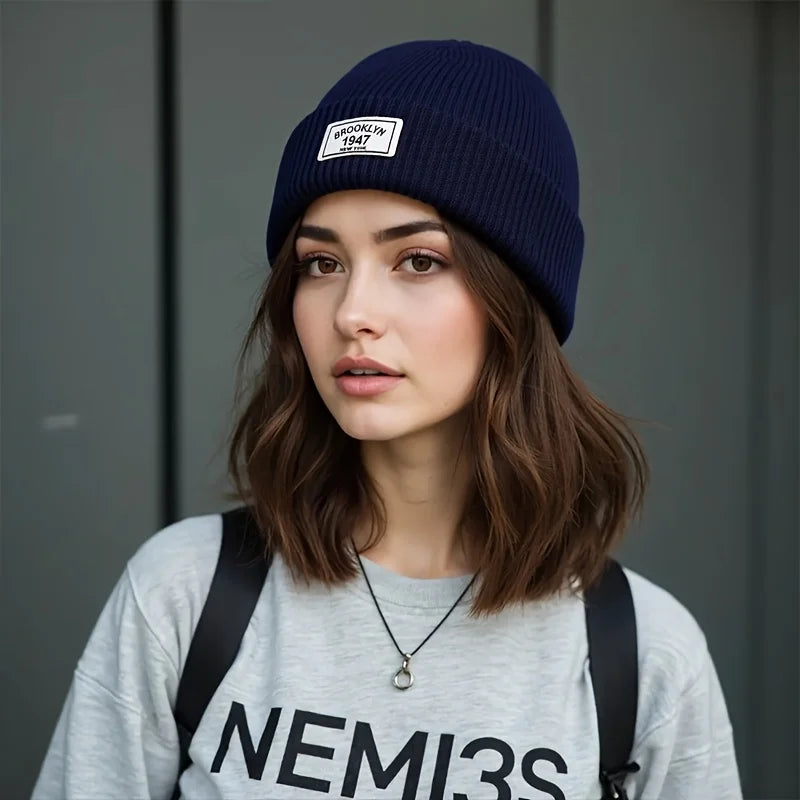 1PC Men Warm High Elasticity Polyester Knitted Hat Fashion Letter Patch Winter Beanie Gorros Sports Leisure Gifts Valentine Wear - Caps Fitted