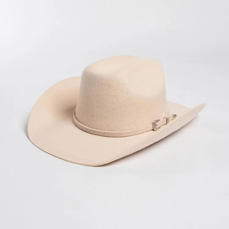 USPOP 100% Wool Felt Cowboy Hat with Belt Buckle 4 Sizes Wide Brim Jazz Hat Autumn Winter Fedoras - Caps Fitted