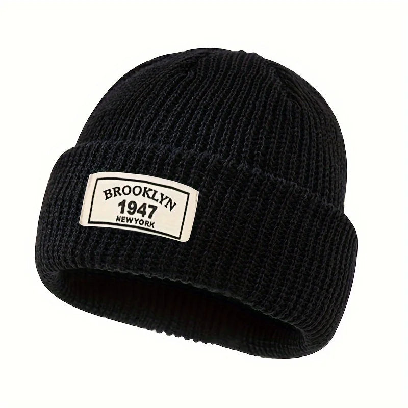 1PC Men Warm High Elasticity Polyester Knitted Hat Fashion Letter Patch Winter Beanie Gorros Sports Leisure Gifts Valentine Wear - Caps Fitted