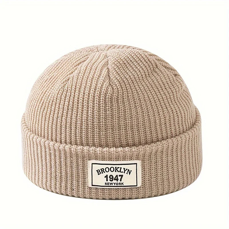 1PC Men Warm High Elasticity Polyester Knitted Hat Fashion Letter Patch Winter Beanie Gorros Sports Leisure Gifts Valentine Wear - Caps Fitted