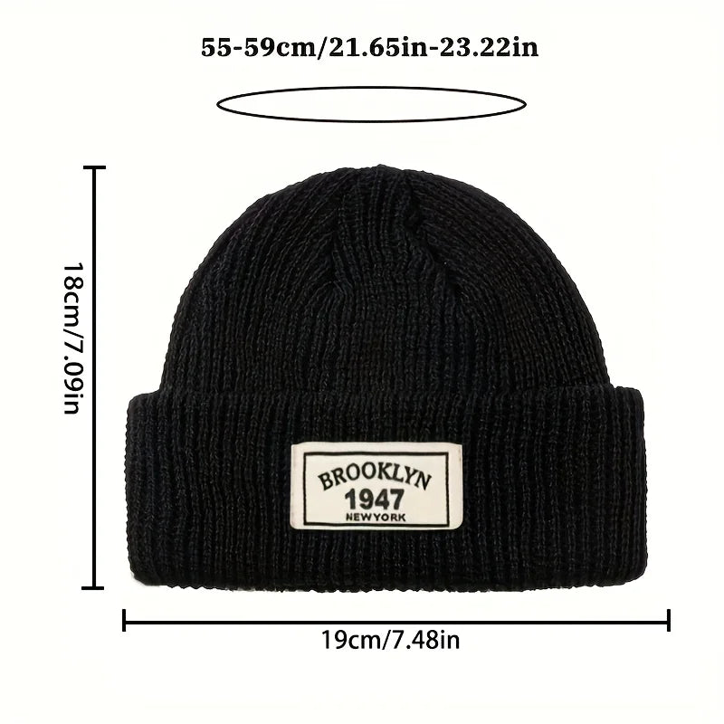 1PC Men Warm High Elasticity Polyester Knitted Hat Fashion Letter Patch Winter Beanie Gorros Sports Leisure Gifts Valentine Wear - Caps Fitted