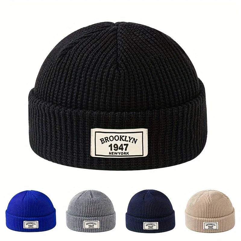 1PC Men Warm High Elasticity Polyester Knitted Hat Fashion Letter Patch Winter Beanie Gorros Sports Leisure Gifts Valentine Wear - Caps Fitted