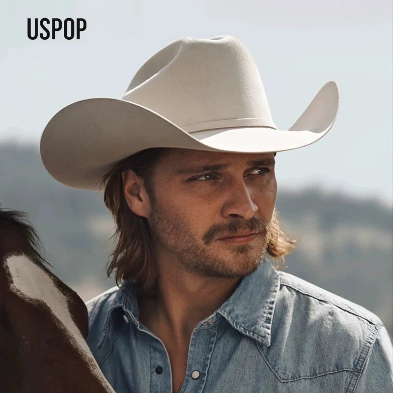 USPOP 100% Wool Felt Cowboy Hat with Belt Buckle 4 Sizes Wide Brim Jazz Hat Autumn Winter Fedoras - Caps Fitted
